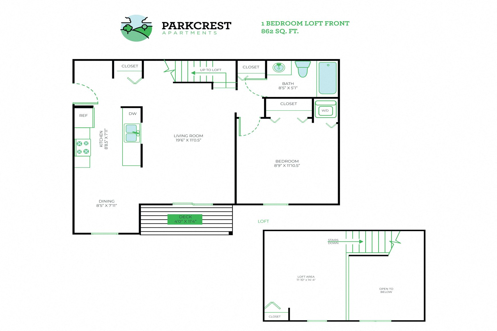 Floor plan for 1 bed, 1 bath, 862 sqft